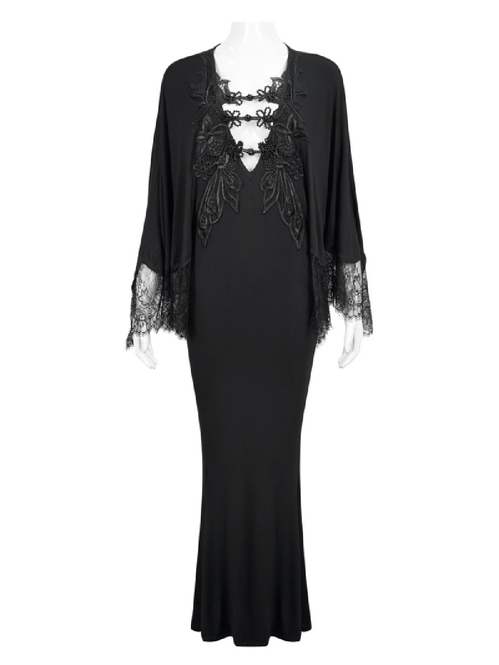 Elegant black lace mermaid dress with cape sleeves, featuring a deep V-neck design and intricate lace details.