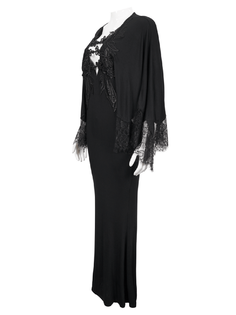 Elegant black lace mermaid dress with cape sleeves showcasing gothic style and flattering silhouette.