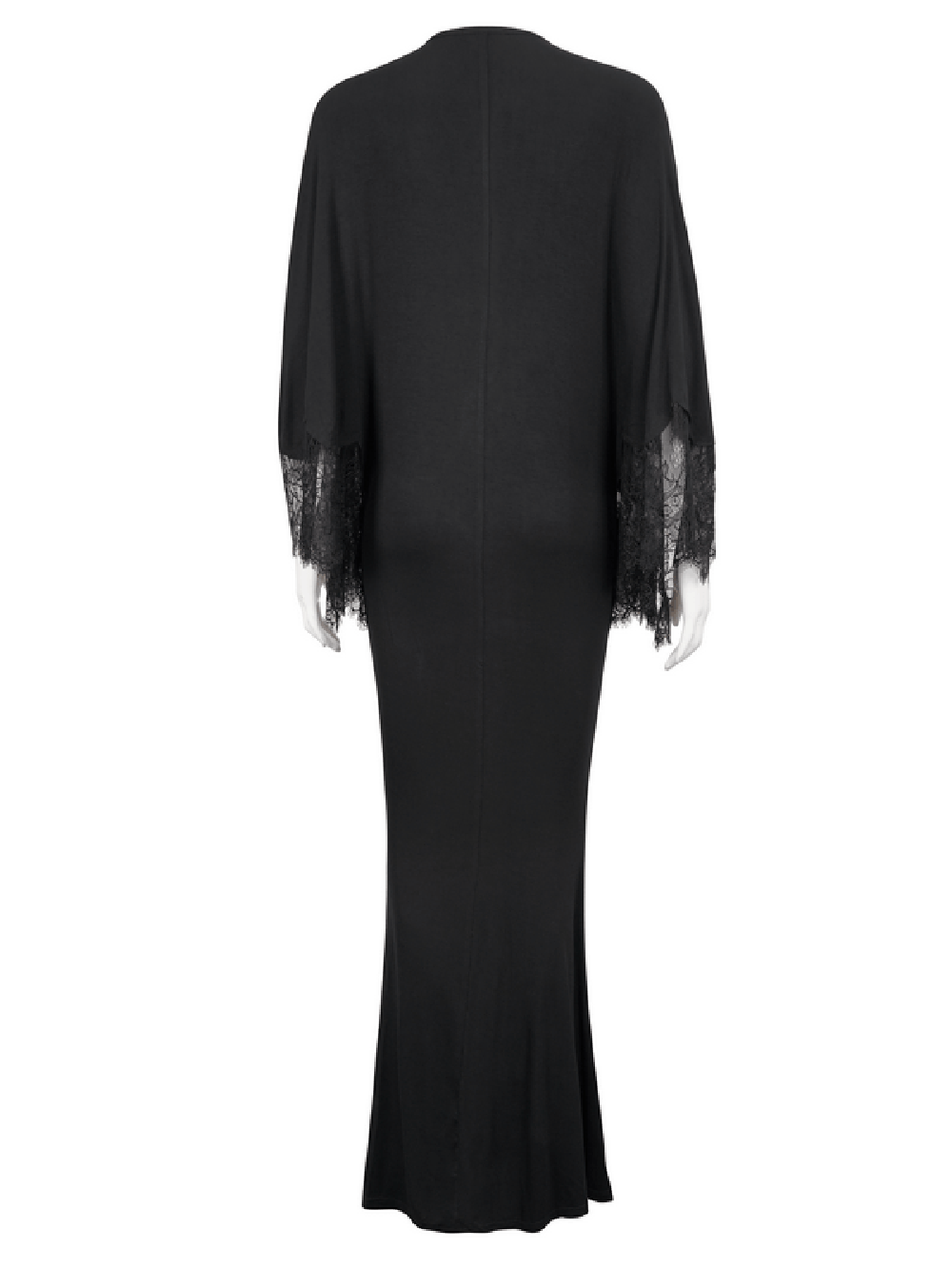 Elegant women's black lace mermaid dress with cape sleeves, showcasing a stylish deep V-neck design.