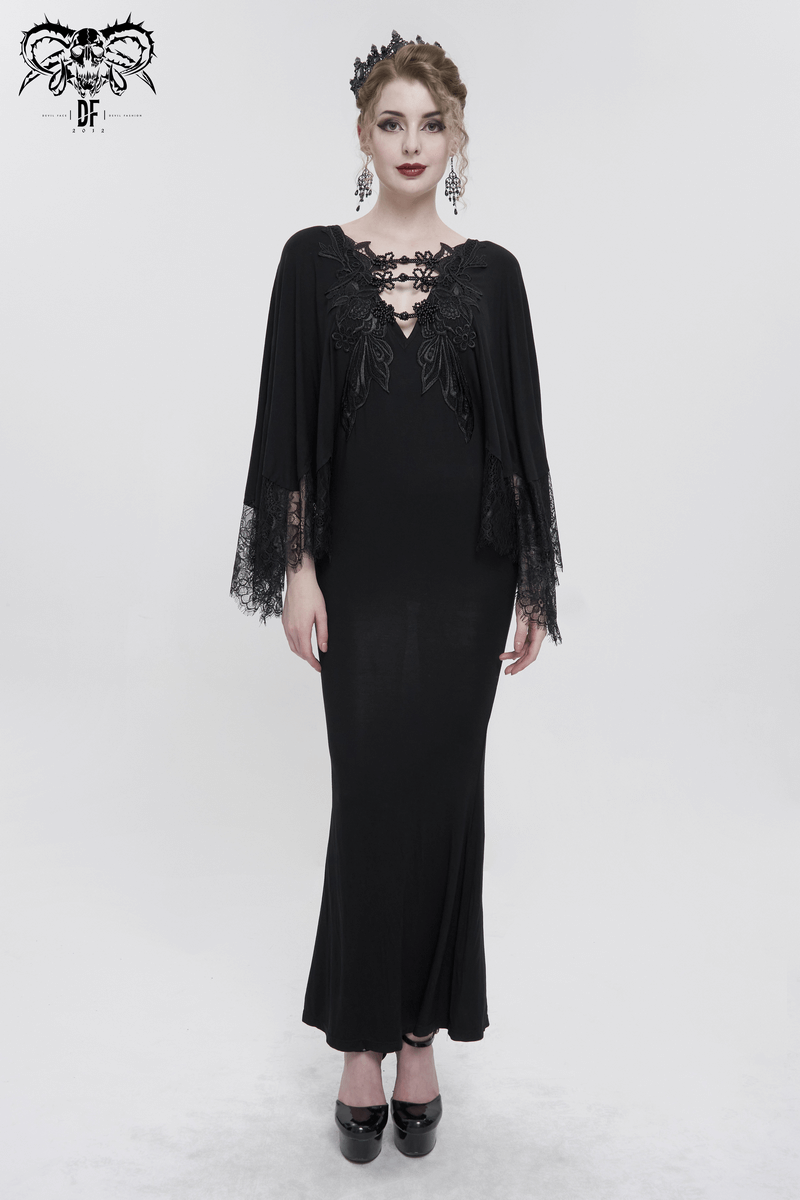 Elegant black lace mermaid dress with cape sleeves, showcasing a deep V-neck design and gothic style.