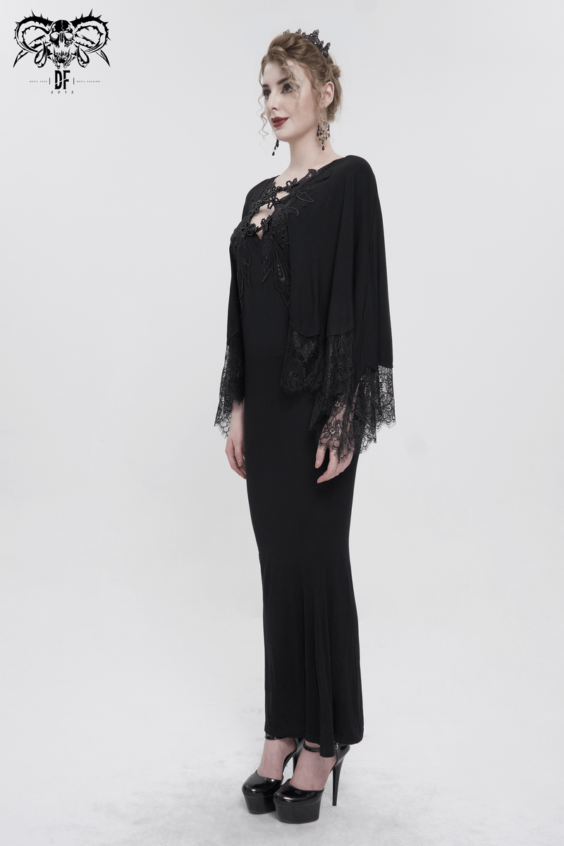 Elegant black lace mermaid dress with cape sleeves, showcasing gothic style and a flattering silhouette.