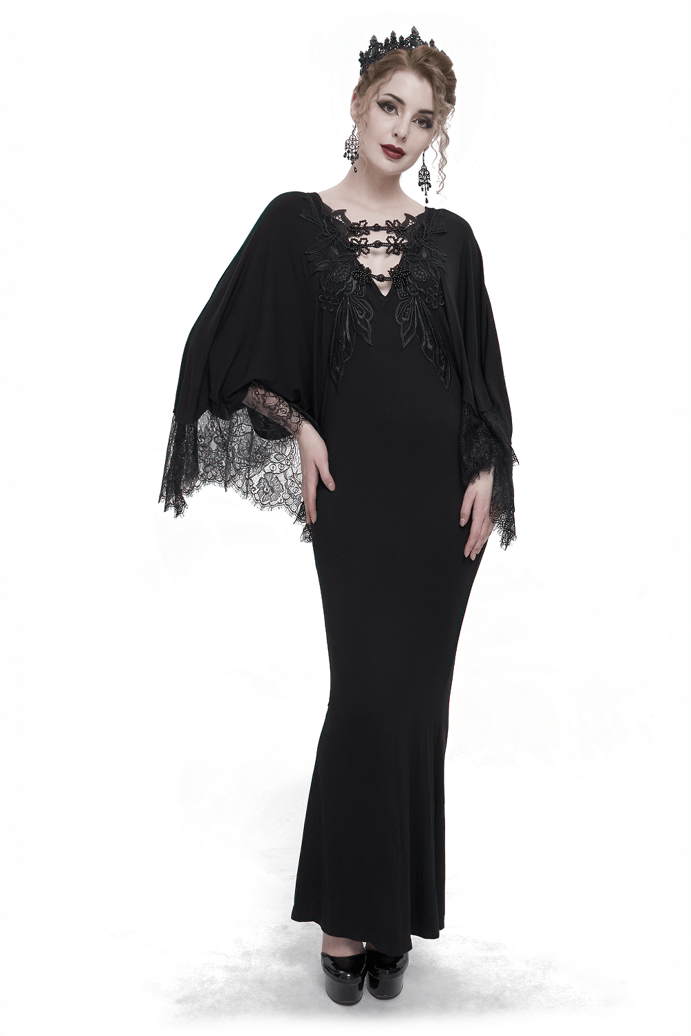 Elegant black lace mermaid dress with cape sleeves, perfect for a gothic style look.