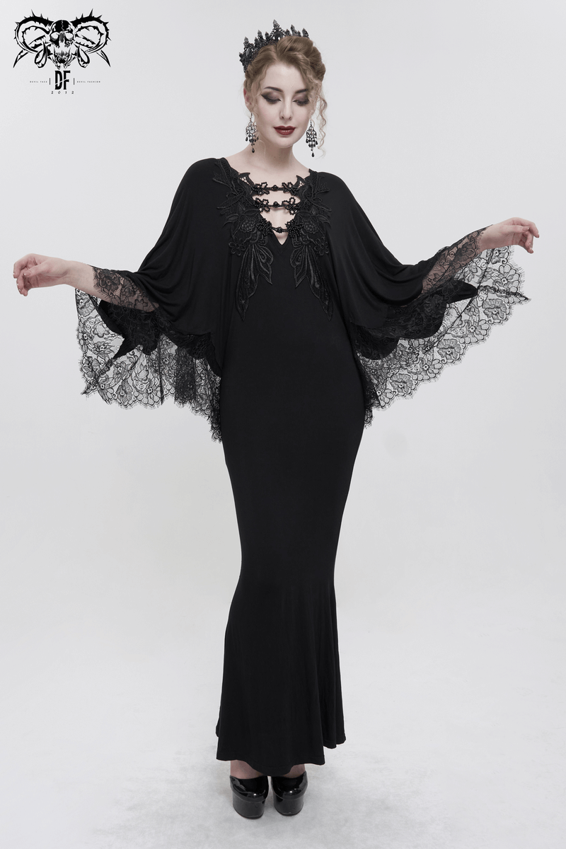 Elegant Deep V-neck Design Long Mermaid Dress / Gothic Black Lace Dress with Cape Sleeves