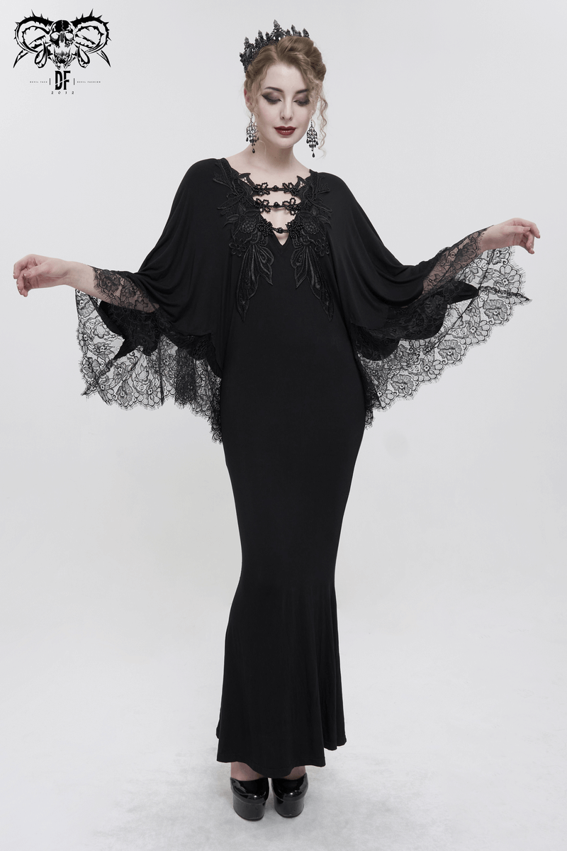 Elegant black lace mermaid dress with cape sleeves, showcasing gothic style and graceful silhouette.