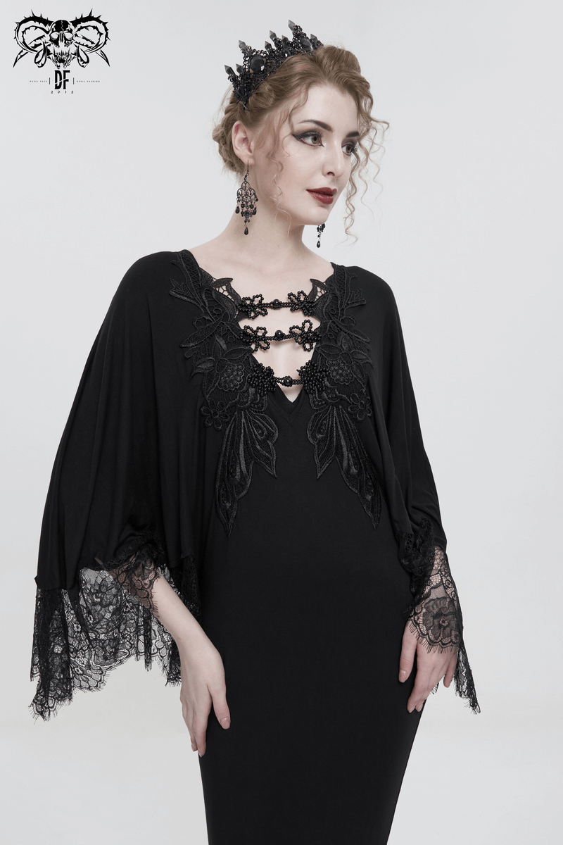 Elegant gothic black lace dress with cape sleeves, featuring intricate embroidery and a deep V-neck design.