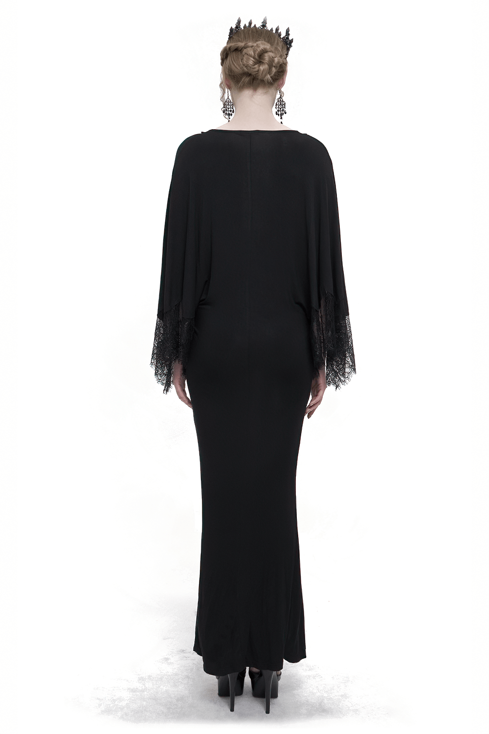 Elegant black mermaid dress with lace cape sleeves, showcasing a graceful silhouette and gothic style from the back.