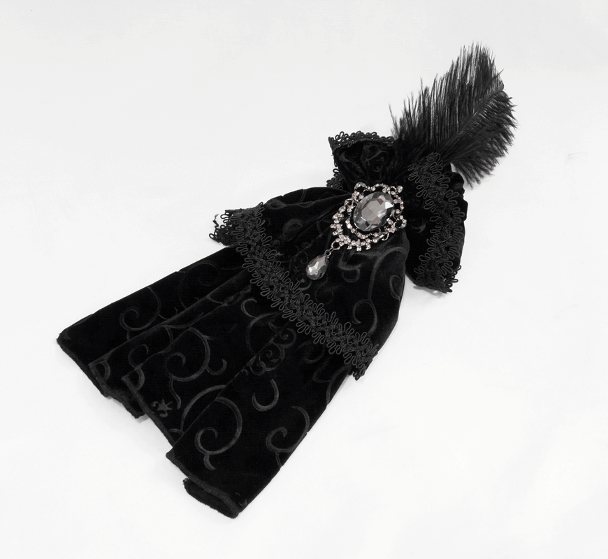 Elegant black lace necktie with feather and silver brooch in gothic style, perfect for alternative fashion.