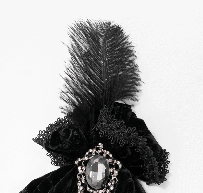 Elegant black lace necktie with feather and jewel brooch, perfect for gothic fashion enthusiasts.
