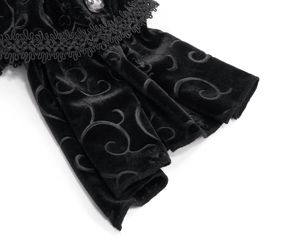 Elegant black lace necktie with intricate patterns, featuring a decorative brooch and feather, perfect for gothic styling.