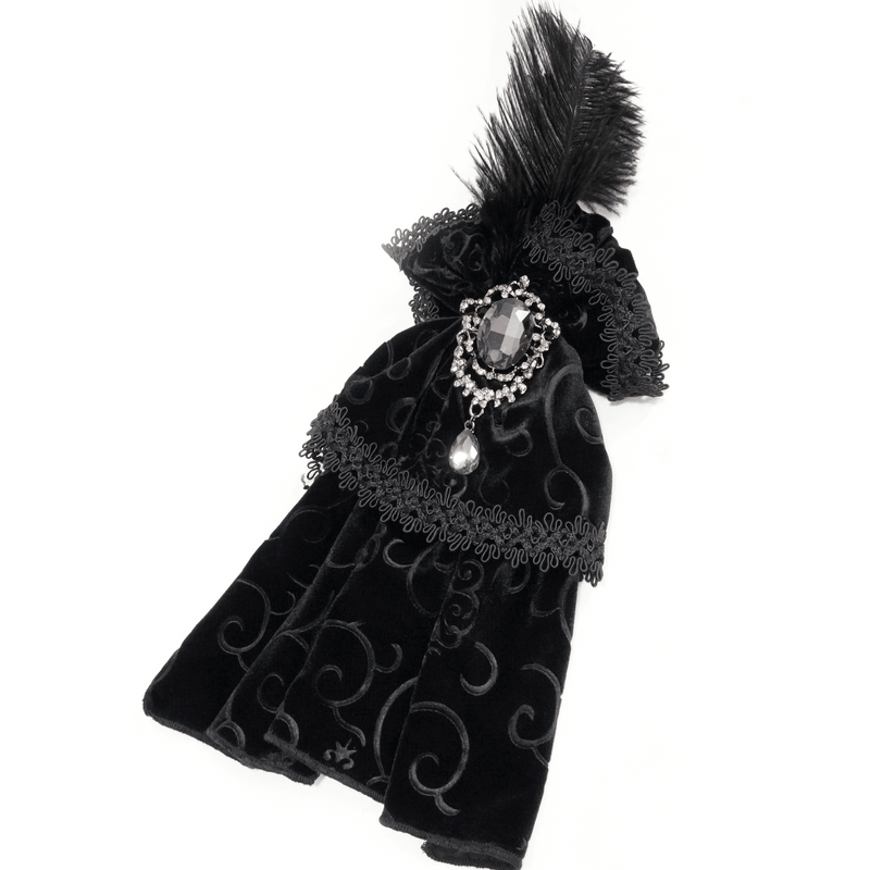 Elegant gothic black lace necktie with feather and silver brooch for women's alternative fashion.