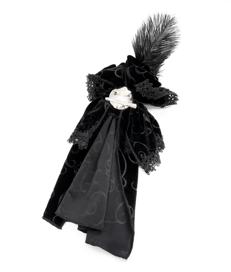 Elegant black lace necktie with feather and silver brooch, perfect for gothic fashion.