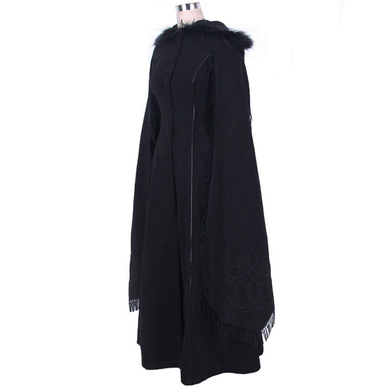 Elegant Fringed Shawl Long Lantern Sleeve Coat For Women / Gothic Black Hooded Cape Long Coats - HARD'N'HEAVY