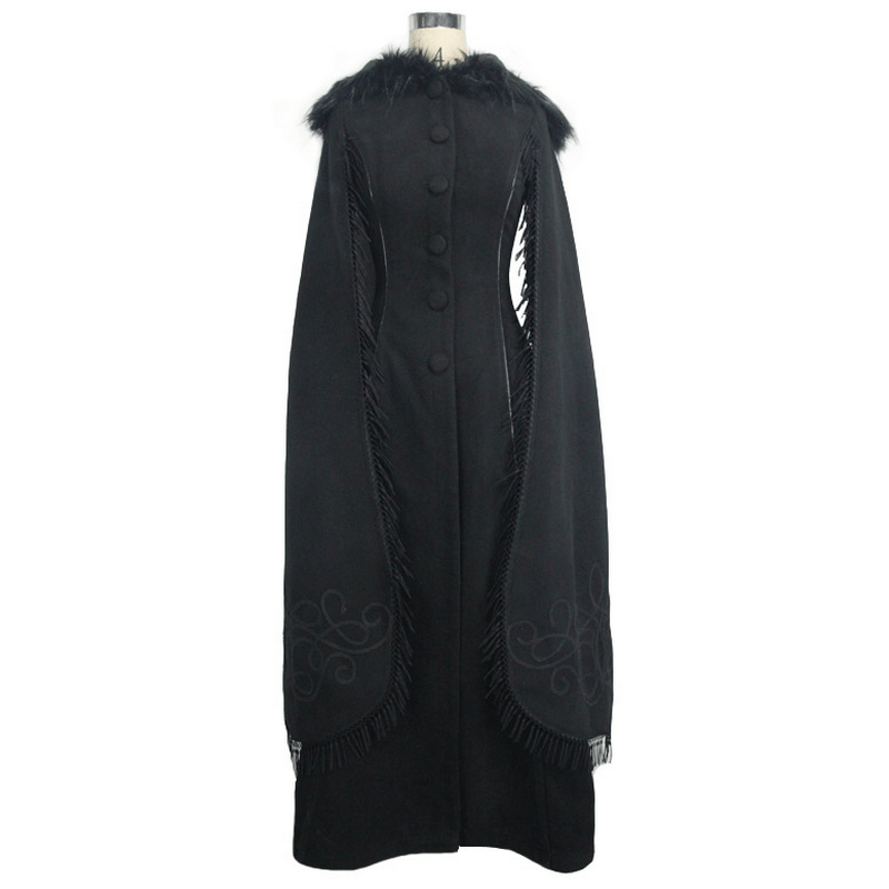 Elegant Fringed Shawl Long Lantern Sleeve Coat For Women / Gothic Black Hooded Cape Long Coats - HARD'N'HEAVY