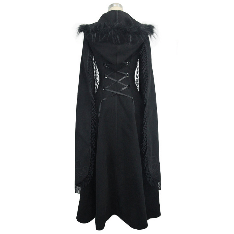 Elegant Fringed Shawl Long Lantern Sleeve Coat For Women / Gothic Black Hooded Cape Long Coats - HARD'N'HEAVY