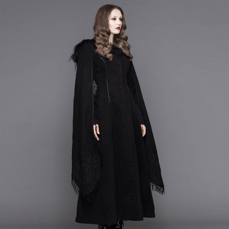 Elegant Fringed Shawl Long Lantern Sleeve Coat For Women / Gothic Black Hooded Cape Long Coats - HARD'N'HEAVY