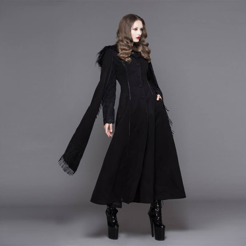 Elegant Fringed Shawl Long Lantern Sleeve Coat For Women / Gothic Black Hooded Cape Long Coats - HARD'N'HEAVY