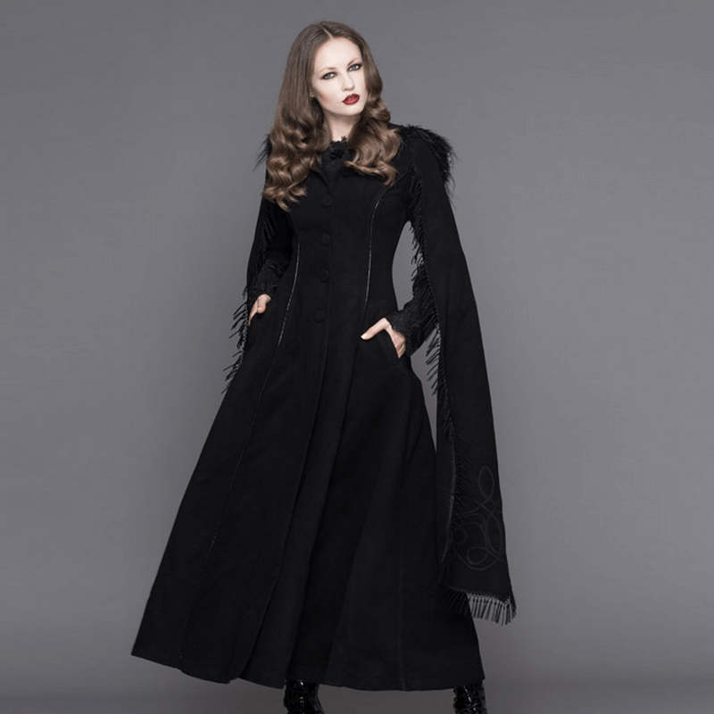 Elegant Fringed Shawl Long Lantern Sleeve Coat For Women / Gothic Black Hooded Cape Long Coats - HARD'N'HEAVY