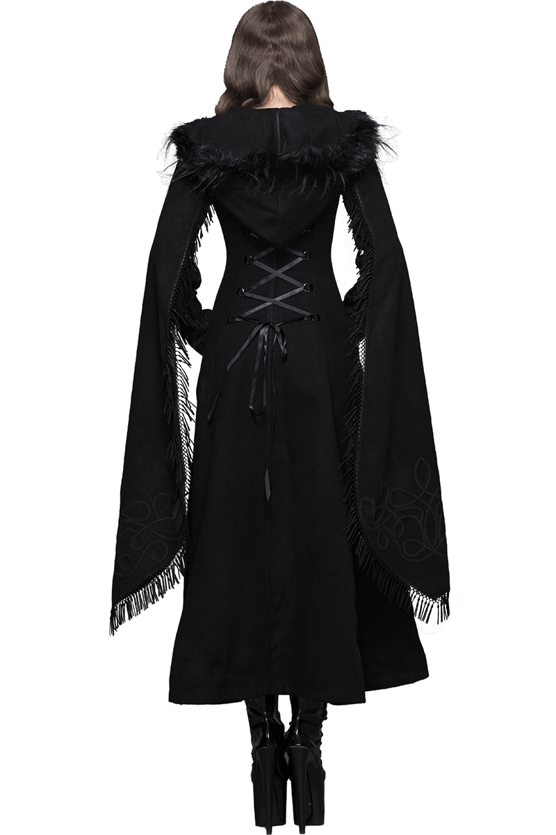 Elegant Fringed Shawl Long Lantern Sleeve Coat For Women / Gothic Black Hooded Cape Long Coats - HARD'N'HEAVY