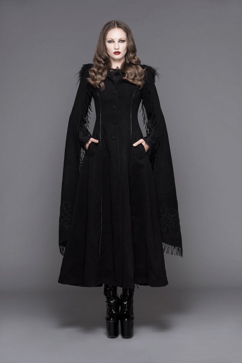 Elegant Fringed Shawl Long Lantern Sleeve Coat For Women / Gothic Black Hooded Cape Long Coats - HARD'N'HEAVY