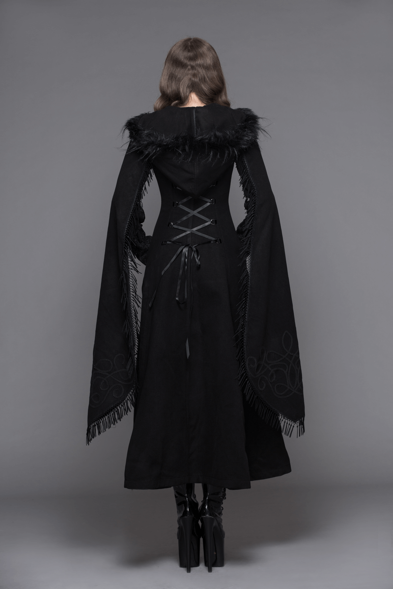 Elegant Fringed Shawl Long Lantern Sleeve Coat For Women / Gothic Black Hooded Cape Long Coats - HARD'N'HEAVY