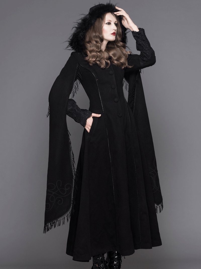 Elegant Fringed Shawl Long Lantern Sleeve Coat For Women / Gothic Black Hooded Cape Long Coats - HARD'N'HEAVY
