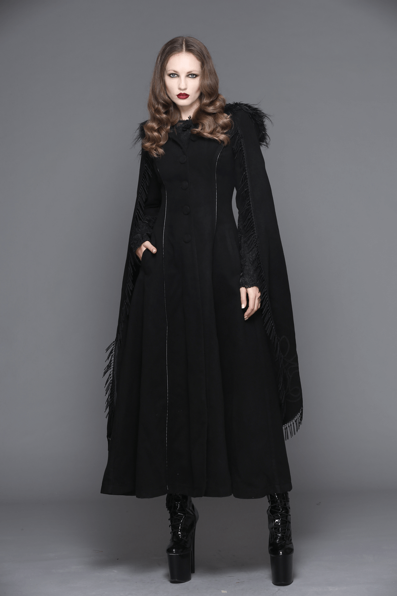 Elegant Fringed Shawl Long Lantern Sleeve Coat For Women / Gothic Black Hooded Cape Long Coats - HARD'N'HEAVY