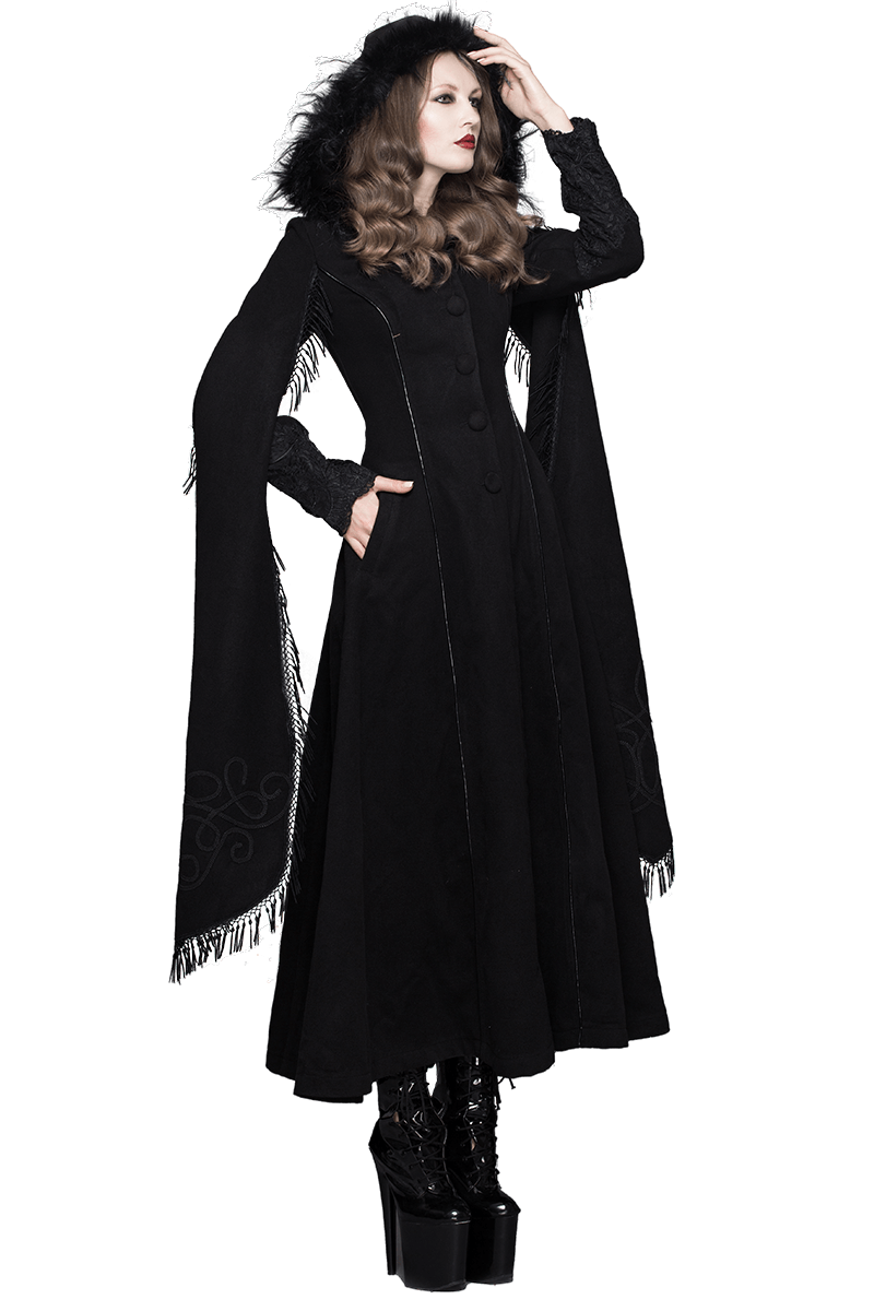 Elegant Fringed Shawl Long Lantern Sleeve Coat For Women / Gothic Black Hooded Cape Long Coats - HARD'N'HEAVY