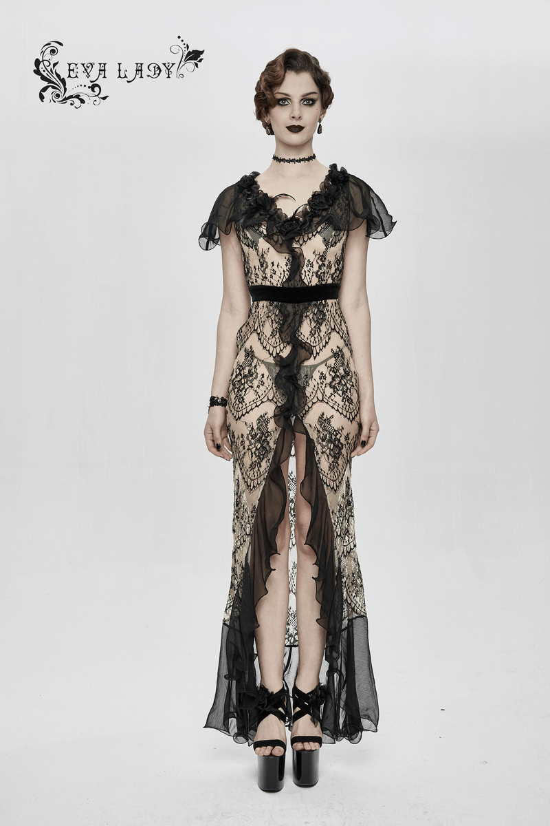 Elegant Gothic Lace Long Dress / Sexy Beige Dress With Ruffled Hemline - HARD'N'HEAVY