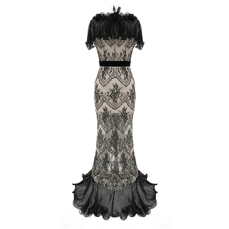 Elegant Gothic Lace Long Dress / Sexy Beige Dress With Ruffled Hemline - HARD'N'HEAVY