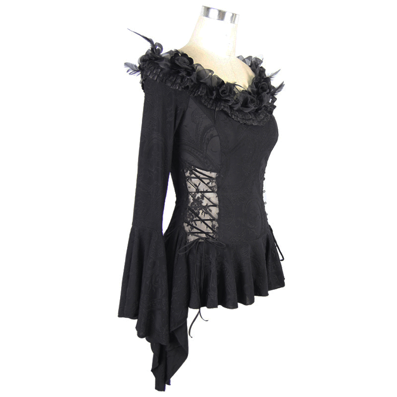 Elegant Gothic Patterned Top with Lace-up and Feather / Romantic Flared Sleeve Flowers Top - HARD'N'HEAVY