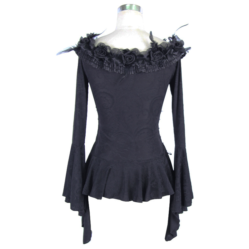 Elegant Gothic Patterned Top with Lace-up and Feather / Romantic Flared Sleeve Flowers Top - HARD'N'HEAVY