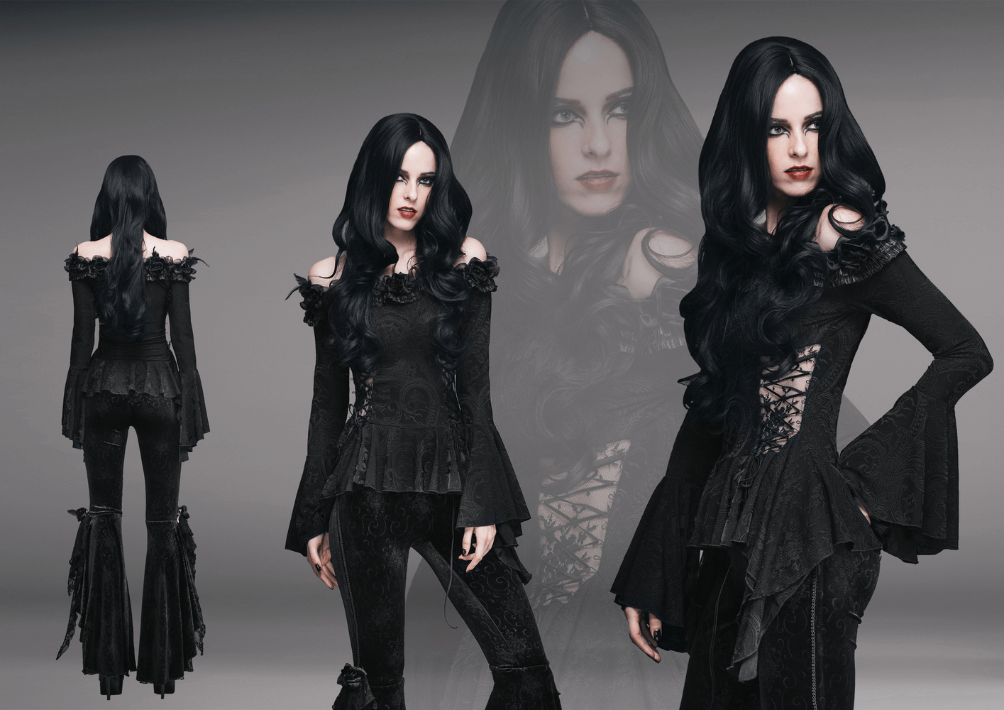 Elegant gothic black top with lace-up, feather details, and romantic flared sleeves showcased by a model.