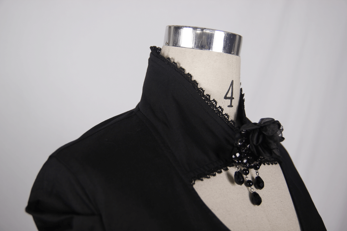 Elegant gothic black shirt featuring a stand collar and flower pendant brooch, perfect for stylish women's fashion.