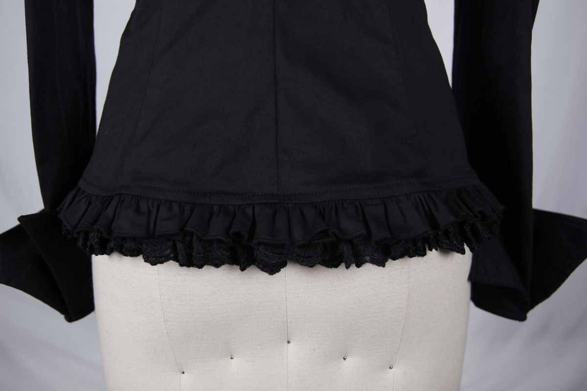 Women's elegant black gothic shirt with ruffled hem detail, perfect for adding drama to your wardrobe.