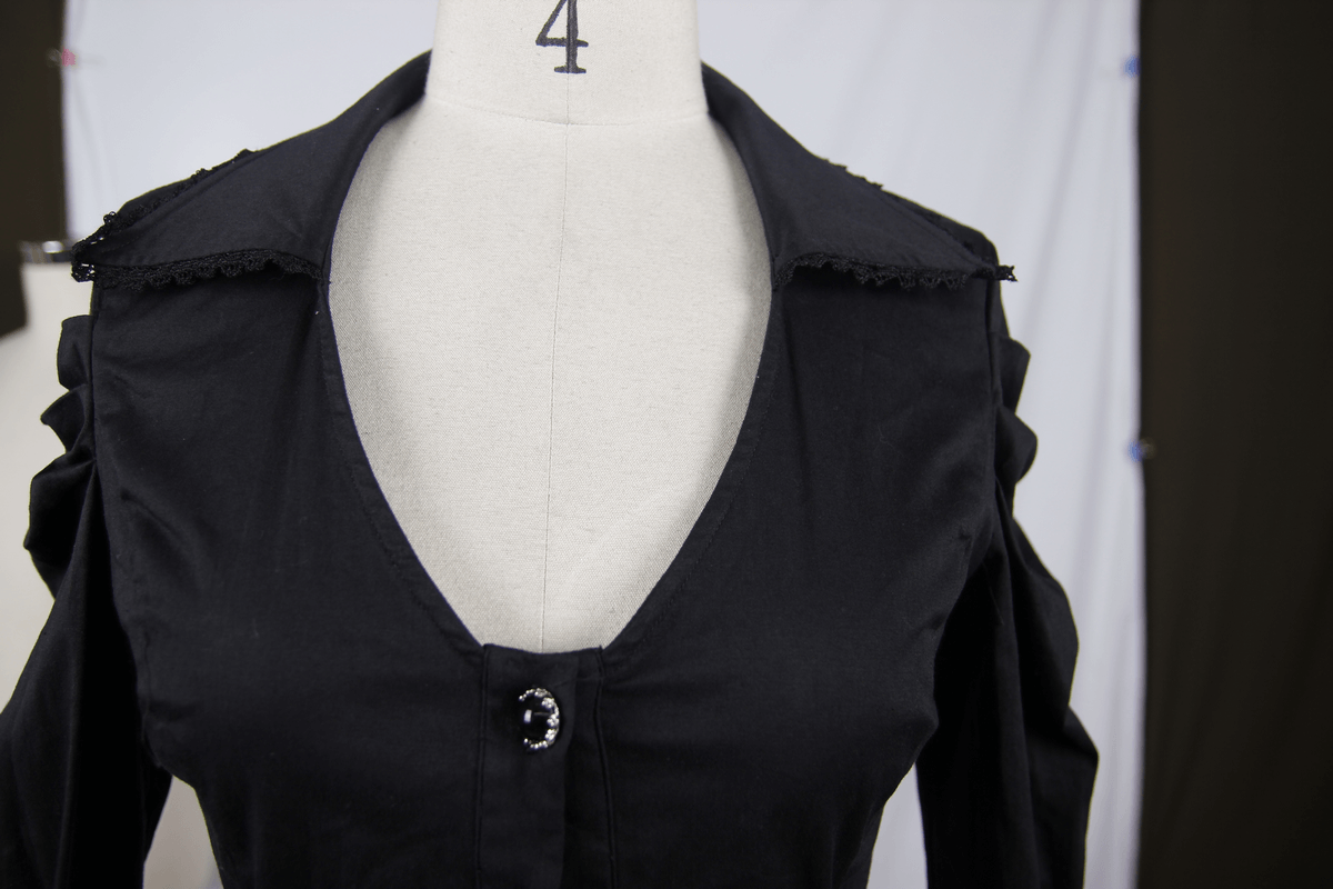 Elegant black women's gothic shirt with stylish stand collar and button detail, perfect for a sophisticated look.
