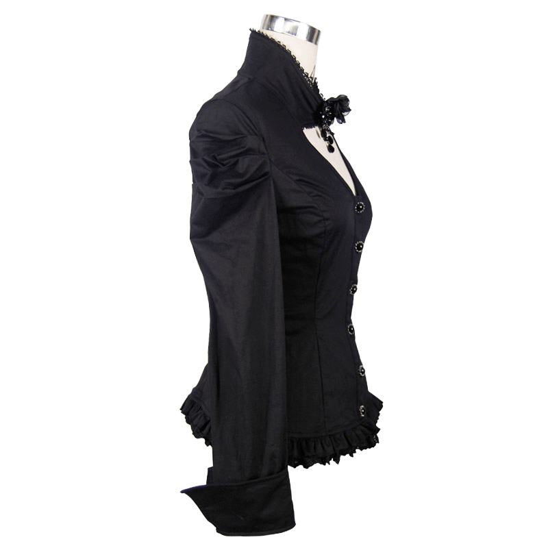 Elegant black gothic shirt with flower pendant brooch and stand collar, perfect for a stylish gothic wardrobe.
