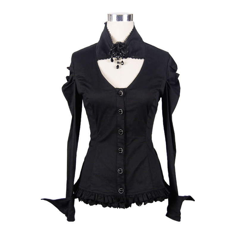 Elegant women's black gothic shirt with stand collar and flower pendant brooch, perfect for stylish outfits.