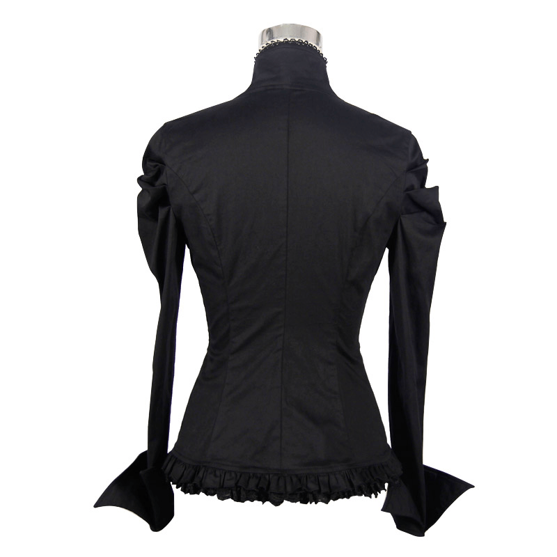 Back view of elegant black gothic shirt with ruffled sleeves and stand collar, perfect for stylish women's wardrobe.