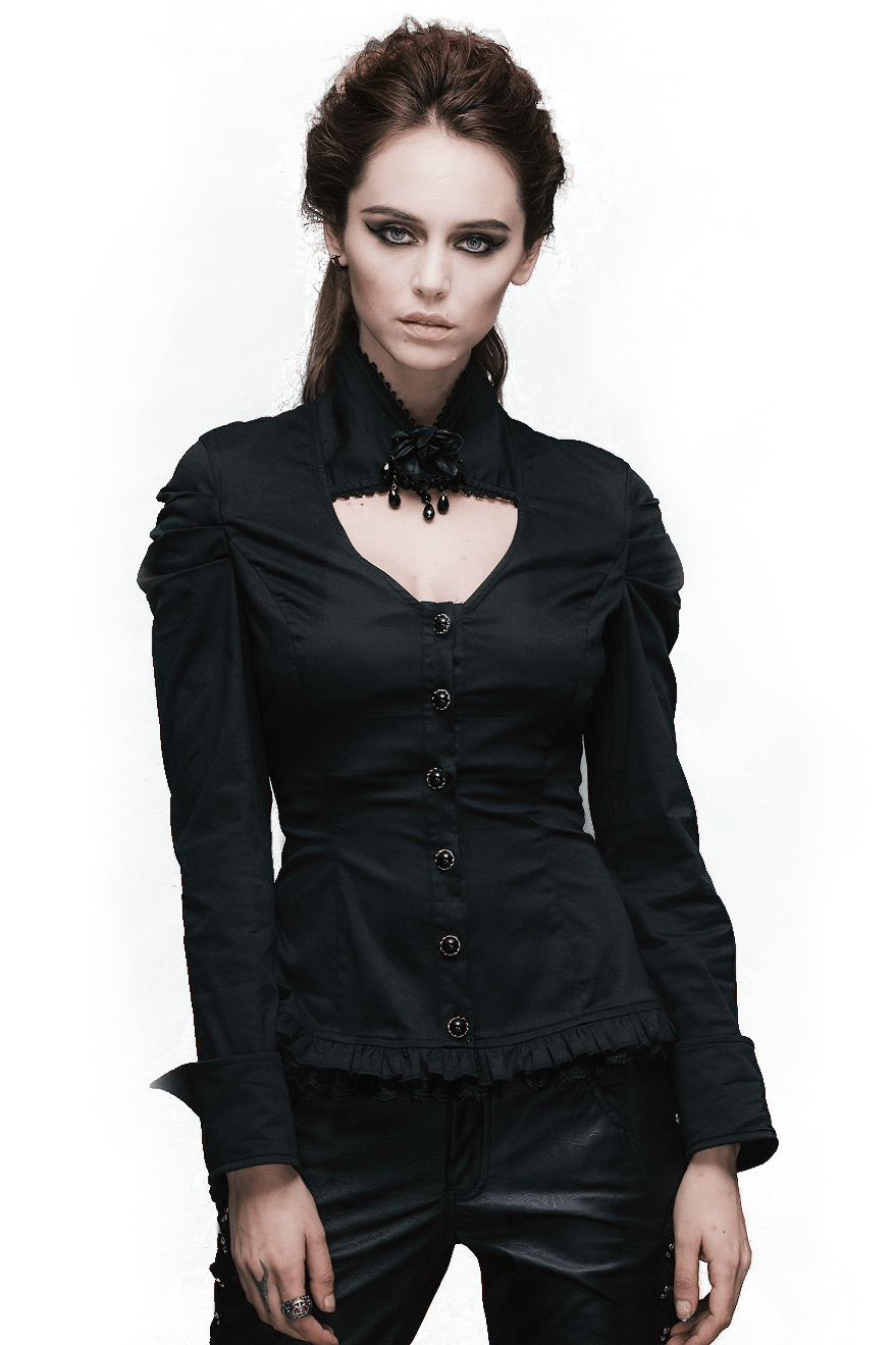 Elegant black women's gothic shirt with stand collar and flower pendant brooch, perfect for adding flair to your wardrobe.