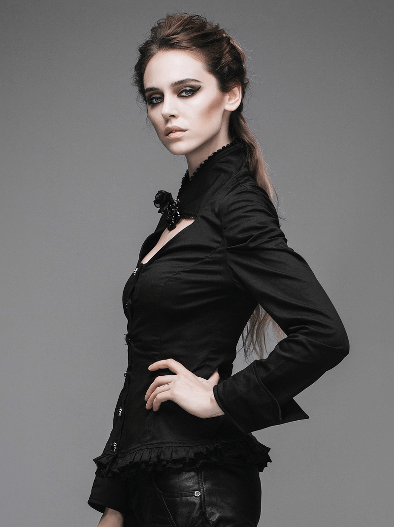 Elegant black gothic shirt with flower pendant brooch, showcasing a stylish stand collar and flattering fit.