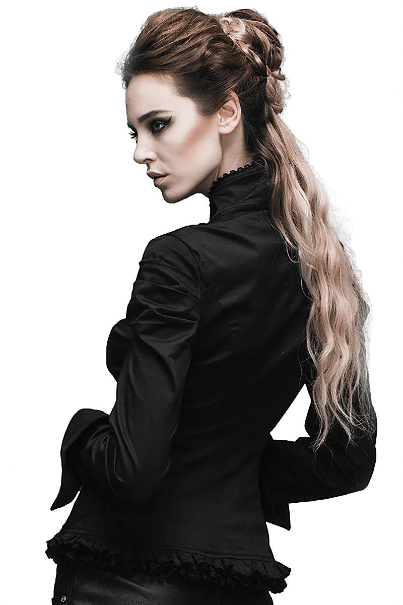 Elegant black gothic shirt with flower pendant brooch, showcasing stylish stand collar and graceful cut on model.