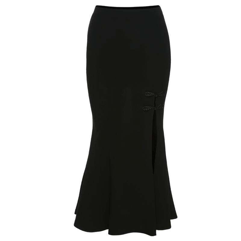 Elegant Gothic Women's High Waist Midi Skirt / Sexy Black Split Long Skirts for Lady