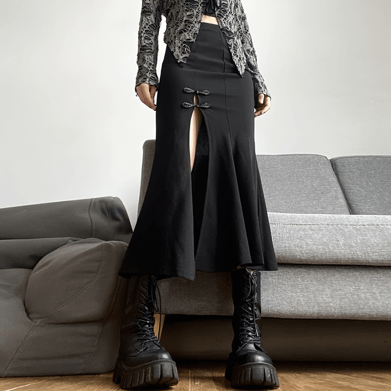 Elegant Gothic Women's High Waist Midi Skirt / Sexy Black Split Long Skirts for Lady
