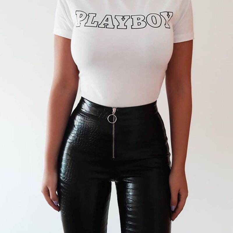 Elegant high waist faux leather skinny pants paired with a chic Playboy tee, showcasing a trendy rock style.