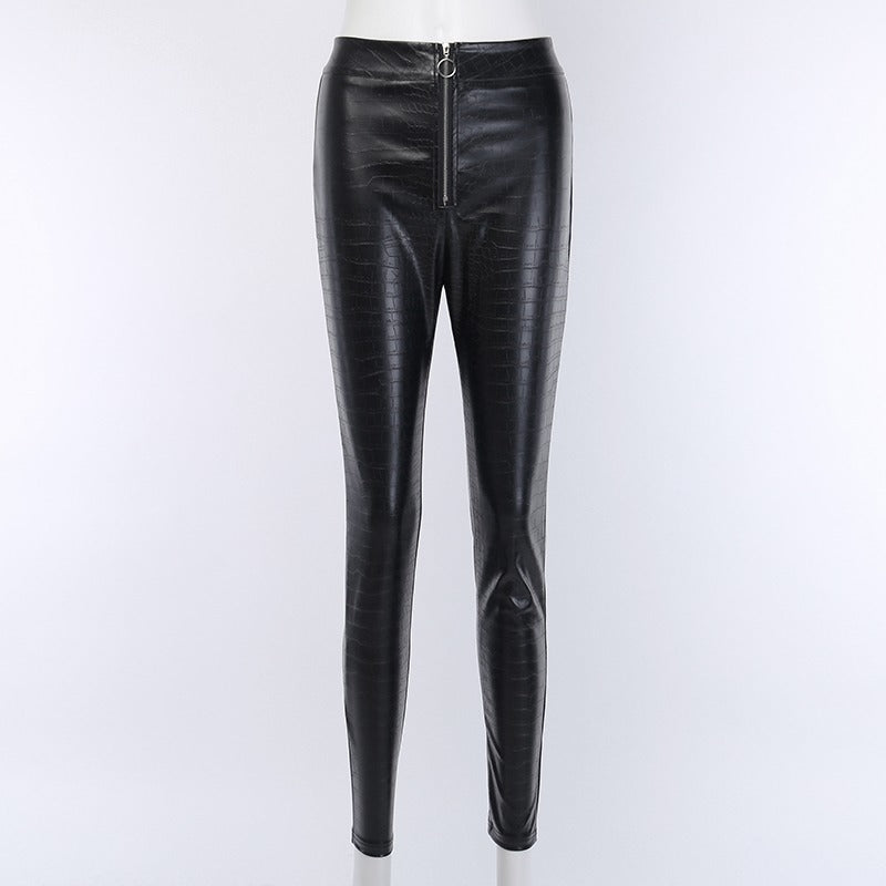 Elegant high waist faux leather skinny pants with Gothic zip, perfect for rock and goth styles.