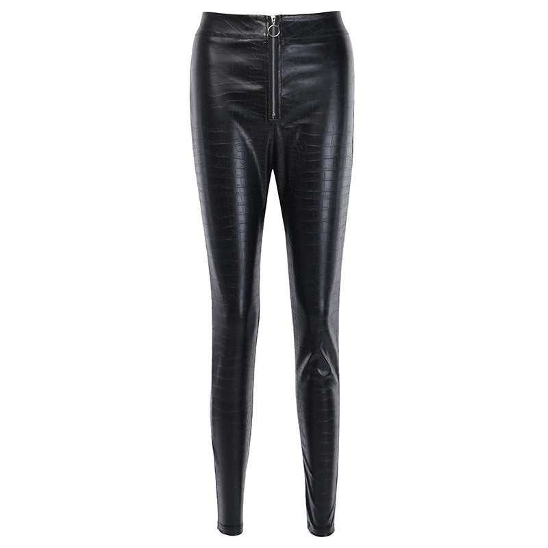 Elegant high waist faux leather skinny pants with snake print, perfect for rock and goth styles.