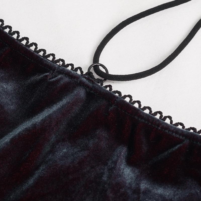 Close-up of the off-shoulder lace top's black velvet fabric and delicate trim, showcasing vintage goth style.