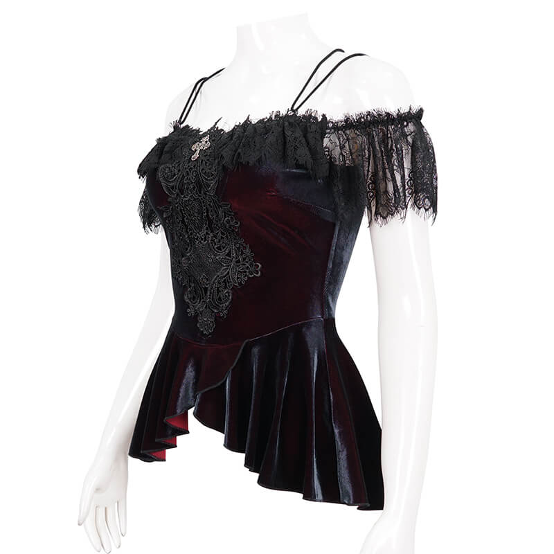 Elegant off-the-shoulder lace appliqued top in dark red velvet for a vintage gothic style.