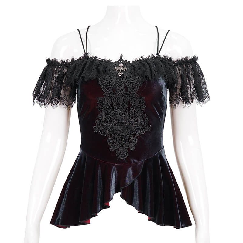 Elegant off-shoulder black lace appliqued top for women, vintage gothic chic style with a flared hem.