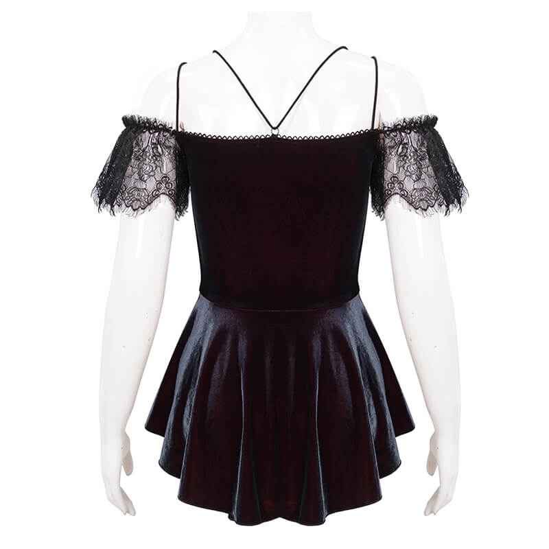 Back view of elegant off-the-shoulder lace top for women in black, showcasing vintage gothic style and delicate lace details.